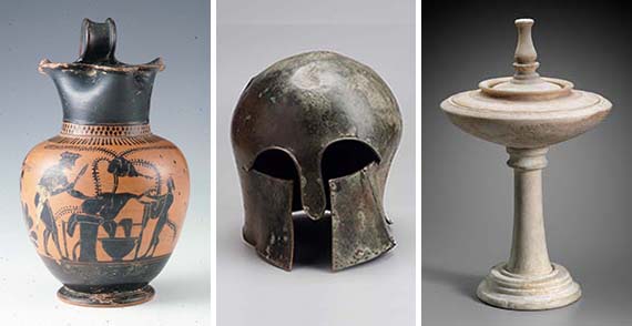 From left to right, images of a pitcher, a Corinthian helmet, and an unguent bowl