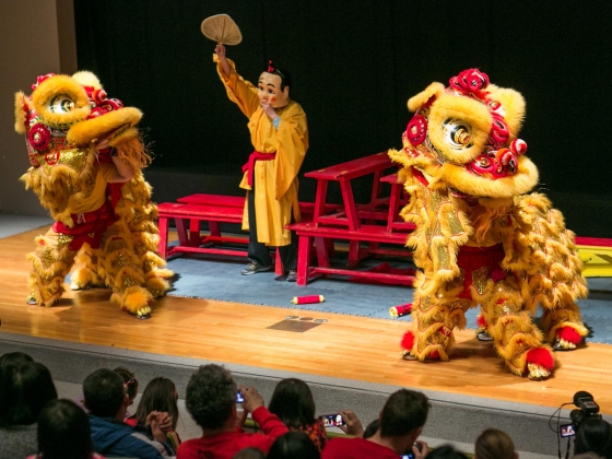 Lion dance troupe performing on stage Lion dance troupe performing on stage