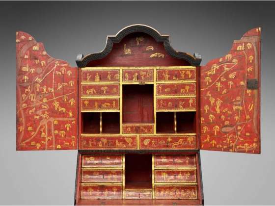 Puebla, Mexico. Desk and bookcase, mid 18th century, Inlaid woods and incised and painted bone, maque, gold and polychrome paint, metal hardware. Henry H. and Zoe Oliver Sherman Fund.