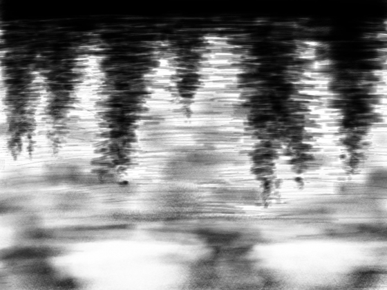 Painting of reflection of treetops and clouds in rippled water Painting of reflection of treetops and clouds in rippled water