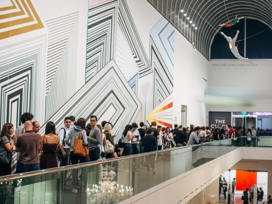 MFA Overnight Launch Party, people gathered in front of the Middlebrook Crowd gathered in front of art
