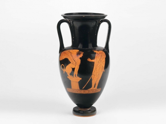 Greek, The Achilles Painter , Two-handled jar (amphora) depicting Oedipus and the Sphinx of Thebes, 450–440 B.C. Greek, The Achilles Painter , Two-handled jar (amphora) depicting Oedipus and the Sphinx of Thebes, 450–440 B.C.