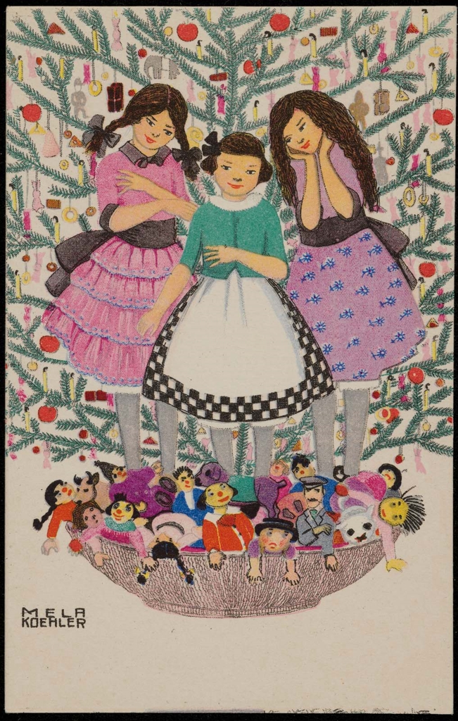 Three Girls With Dolls In Front Of A Christmas Tree Three Girls With Dolls In Front Of A Christmas Tree