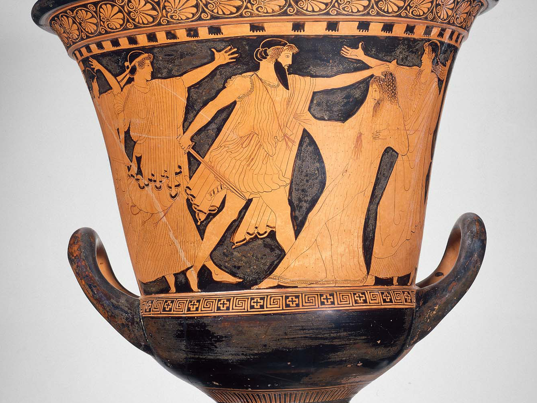 Dokimasia Painter, Mixing bowl (calyx krater) with the killing of Agamemnon, Greek, Early Classical Period, about 460 BC Dokimasia Painter, Mixing bowl (calyx krater) with the killing of Agamemnon, Greek, Early Classical Period, about 460 BC