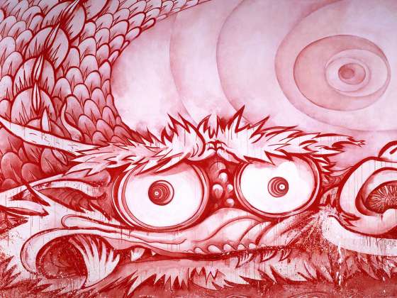detail view of Murakami's painting, Dragon in Clouds